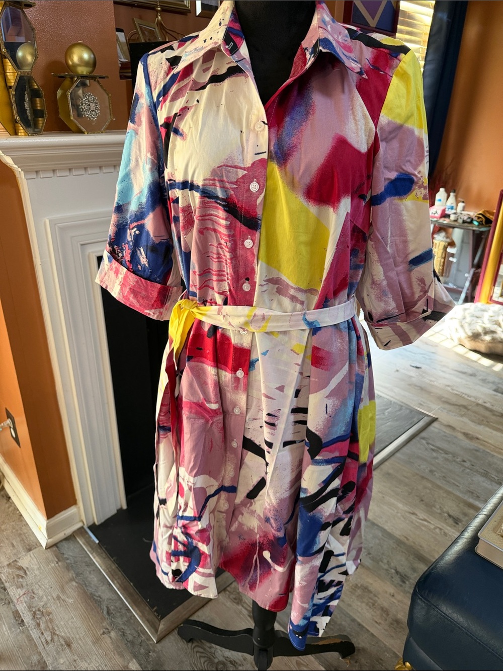 NY&CO Abstract Print Button-Front Shirt Dress in Pink, Yellow & Blue